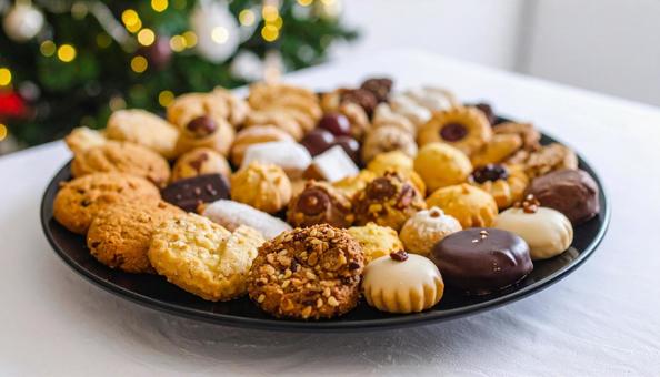 黒い皿の上の様々なクッキー盛り合わせ 黒い皿の上の様々なクッキー盛り合わせの写真