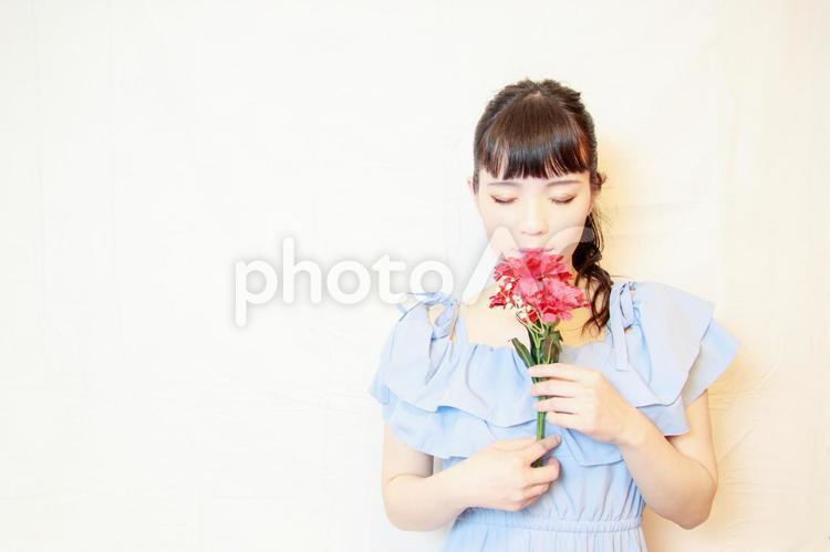 カーネーションの匂いを嗅ぐ水色ワンピースの女性 女性,母の日,母の月の写真素材