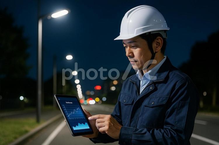 夜間街路灯点灯検査LEDライト 夜間点検,スマート街路灯,照度測定の写真素材