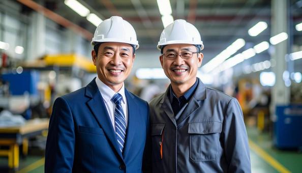 町工場で働くシニア社長と営業社員 町工場で働くシニア社長と営業社員の写真