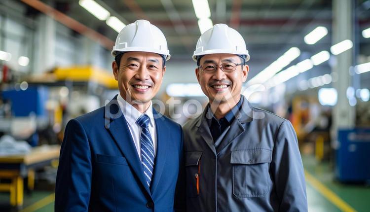 町工場で働くシニア社長と営業社員 町工場,ものづくり,職人の写真素材