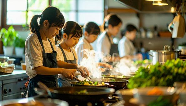 夏休み、親子料理教室で料理する親子 夏休み、親子料理教室で料理する親子の写真