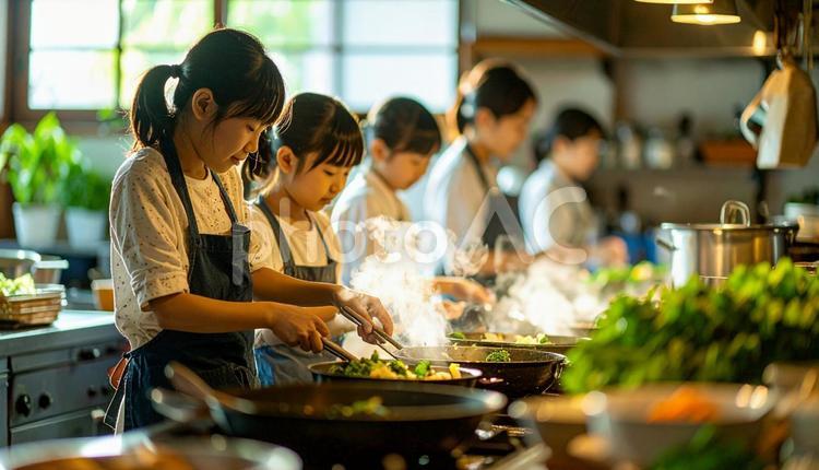夏休み、親子料理教室で料理する親子 親子料理教室,夏休み,父の写真素材