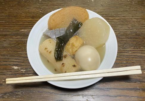 Oden, chopsticks, boiled egg, radish, kelp, JPG