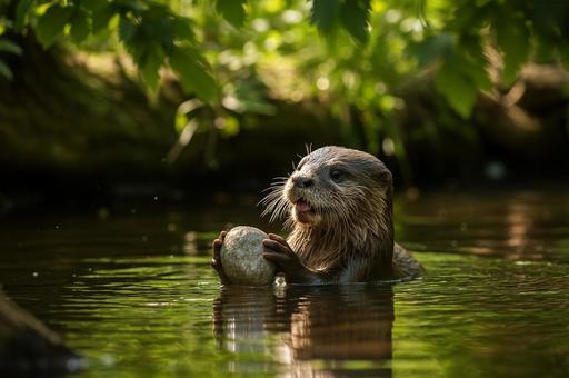 川の中で石を抱えるカワウソ 川の中で石を抱えるカワウソの写真