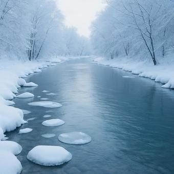 雪景色に包まれた冬の静かな川 雪景色に包まれた冬の静かな川の写真