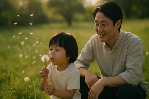 父子とタンポポ 父子とタンポポの写真