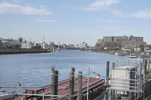 旧江戸川からの風景 浦安,浦安市,船着場の写真素材