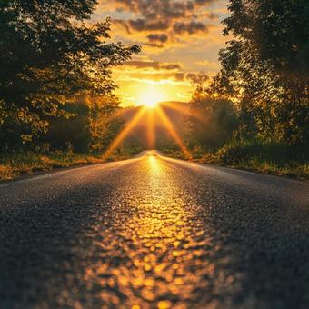 まっすぐ伸びる道と夕日の光景 まっすぐ伸びる道と夕日の光景の写真