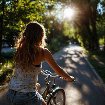 風を感じながら自転車に乗る女性 風を感じながら自転車に乗る女性の写真