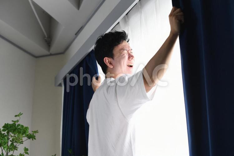 カーテンを開け日光を浴びる困り顔の男性 男性,カーテン,カーテンを開けるの写真素材