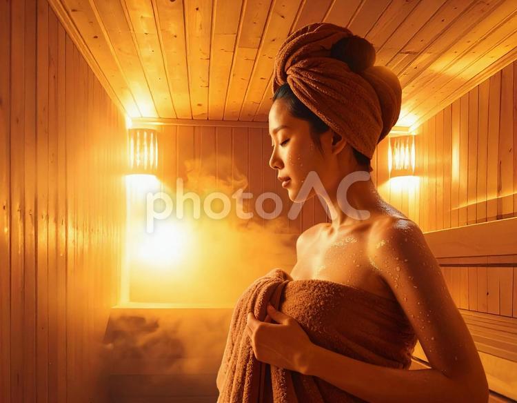 サウナで汗をかく女性 女性,日本人,サウナの写真素材
