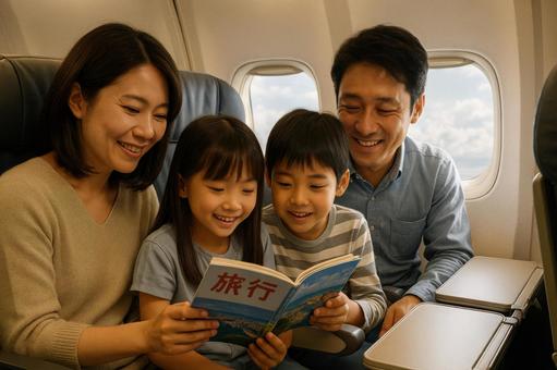 機内で旅行ガイドブックを読む日本人家族 機内で旅行ガイドブックを読む日本人家族の写真
