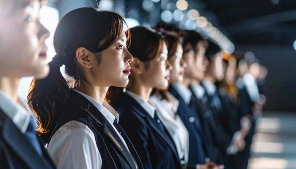 斜めの角度から見た整列する若い会社員 斜めの角度から見た整列する若い会社員の写真