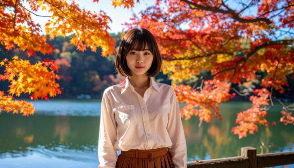 紅葉が綺麗な湖畔で 紅葉が綺麗な湖畔での写真