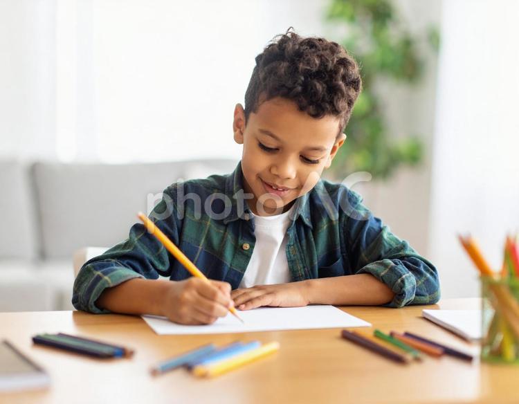 絵を描く男の子02 男の子,子供,画用紙の写真素材