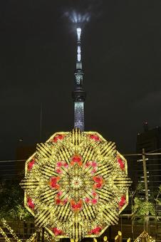 スカイツリーと竹あかり ヒンメリ,繁華街,竹あかりの写真素材