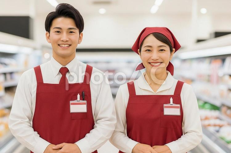 笑顔でお迎えするスーパーマーケットの店員 スーパー,マーケット,店員の写真素材