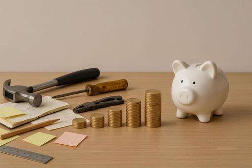 道具と黄金の階段を登る貯金箱 道具と黄金の階段を登る貯金箱の写真