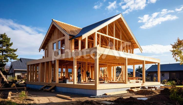 建築途中の木造一戸建住宅　骨組み 建築,工事,途中の写真素材