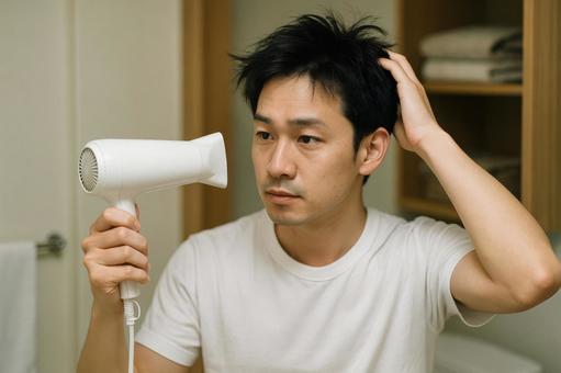 ドライヤーで髪を乾かす男性の写真