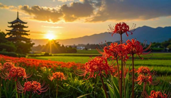 夕日の中の彼岸花の花畑 夕日の中の彼岸花の花畑の写真
