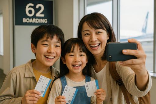 搭乗直前にスマホで自撮りをする日本人親子 搭乗直前にスマホで自撮りをする日本人親子の写真