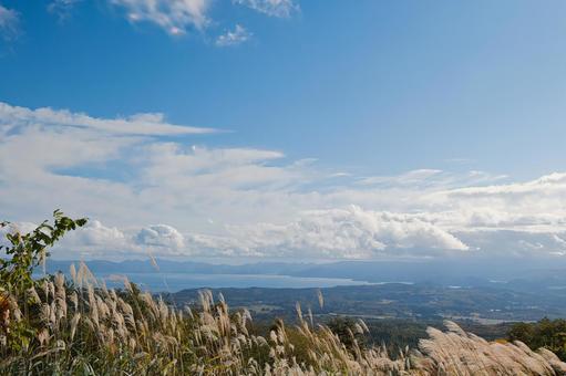 ススキが揺れる丘から見下ろす広大な湖 ススキ,穂,秋の写真素材
