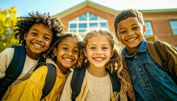 学校に通う仲良しの外国人の子供たち 学校に通う仲良しの外国人の子供たちの写真