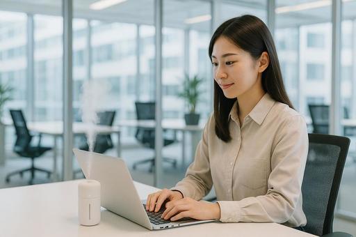 オフィスでデスク加湿器を使う社員の写真