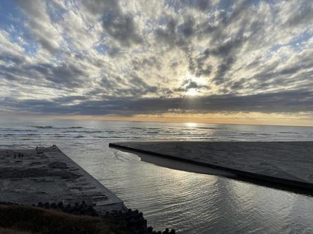 海岸の夕陽 掛川市,大東町,海岸の写真素材