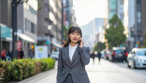 グレーのスーツを着たビジネスウーマンの写真