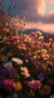 ピンクと白の花が咲き乱れる夕暮れの草原 ピンクと白の花が咲き乱れる夕暮れの草原の写真