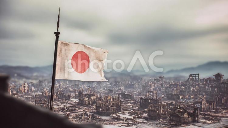 荒廃した風景の中の日本国旗 日本国旗,日の丸,国旗の写真素材
