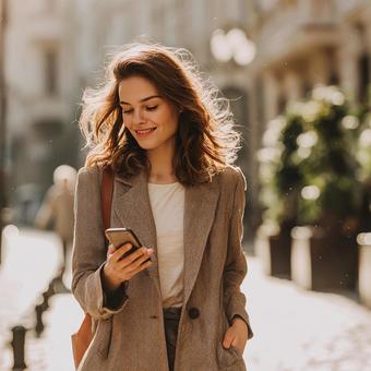 都会を歩くスマートフォン女性 都会を歩くスマートフォン女性の写真