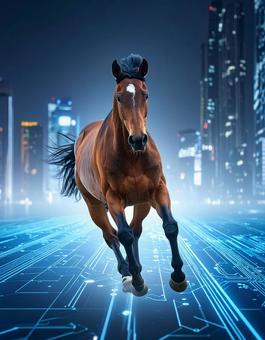午年フォト・未来都市を駆ける馬の写真