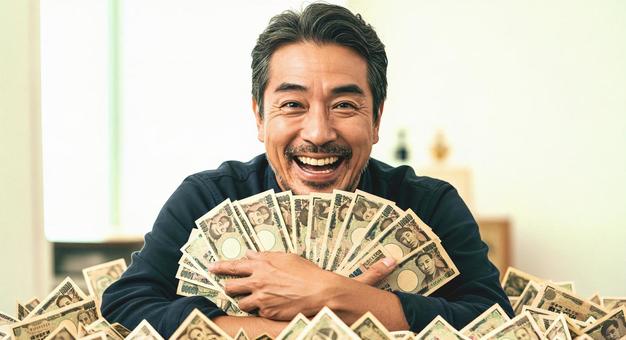 大金を手にして喜ぶ男性 大金を手にして喜ぶ男性の写真