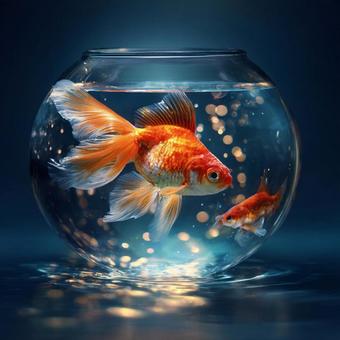 幻想的な光に包まれたガラス鉢の優雅な金魚 幻想的な光に包まれたガラス鉢の優雅な金魚の写真