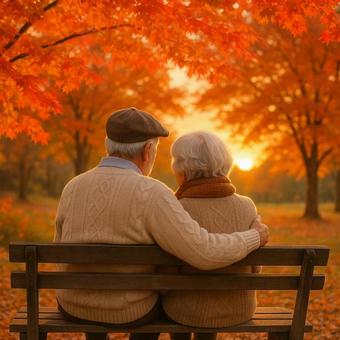 紅葉を眺める老夫婦 紅葉を眺める老夫婦の写真