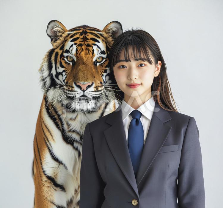 若い女性と虎 若い女性,トラ,動物の写真素材