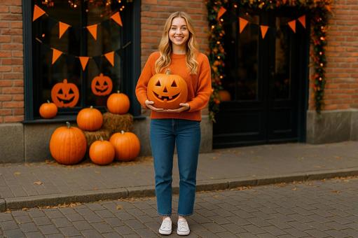 街角と女性のハロウィン 街角と女性のハロウィンの写真