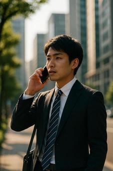 都会で通話するビジネスマン 都会で通話するビジネスマンの写真