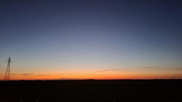 Sunset sky, steel tower and rice fields, JPG