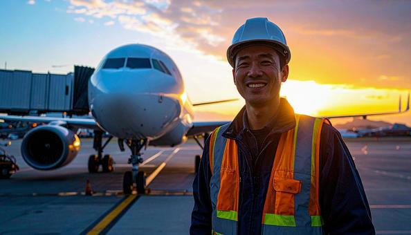 笑顔で航空機の誘導を行うランプ作業員 笑顔で航空機の誘導を行うランプ作業員の写真