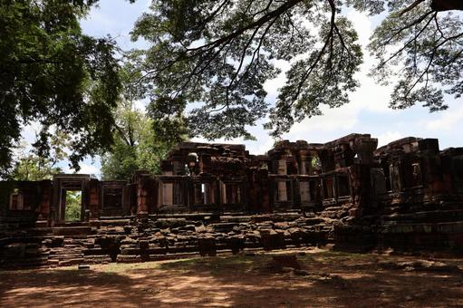 緑の葉の樹々と空と遺跡のあるタイの公園 緑,葉,樹々の写真素材