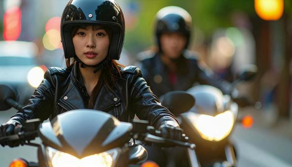 オートバイを運転する女性 オートバイを運転する女性の写真