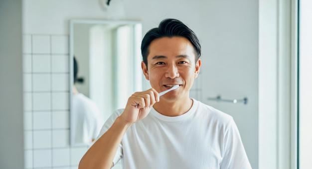 鏡の前で歯磨きをする若い男性 鏡の前で歯磨きをする若い男性の写真