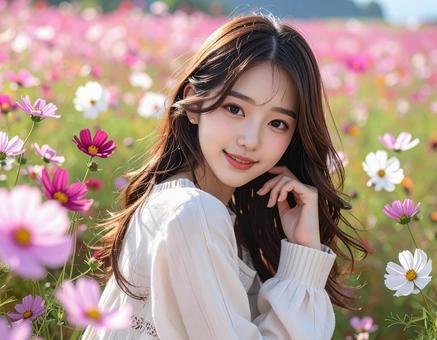 コスモスの花に囲まれて コスモスの花に囲まれての写真