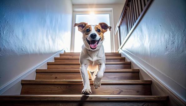 階段を駆けおりる犬 階段を駆けおりる犬の写真