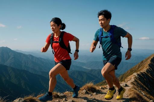 山の稜線を走る二人のランナー 山の稜線を走る二人のランナーの写真